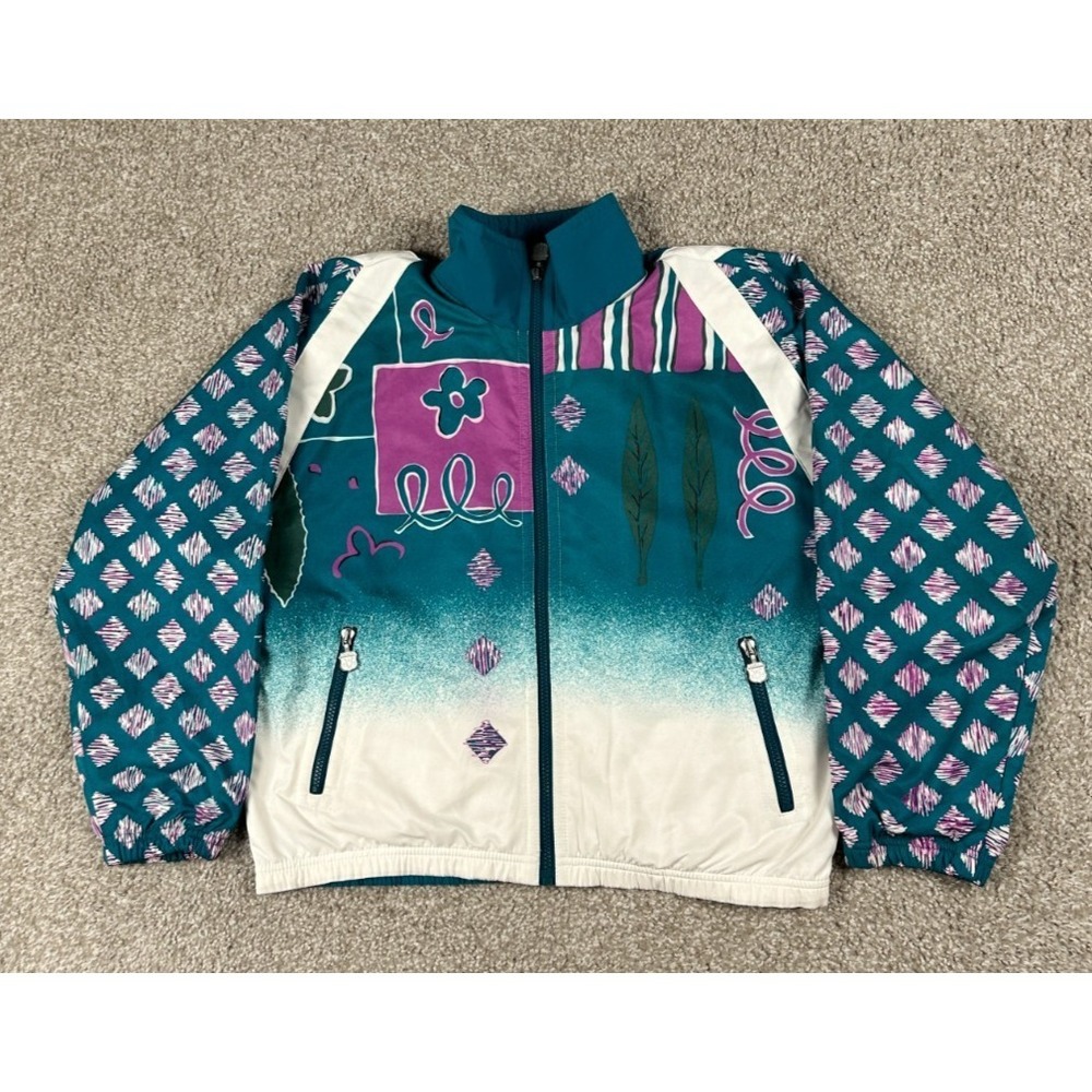 Vintage Kaelin Track Jacket Women Small Blue Geometric Full Zip Windbreaker 90s‎